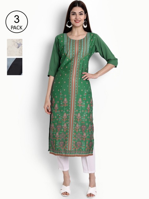 

Ethnic basket Women Pack Of 3 Ethnic Motifs Printed Block Print Crepe Kurtas, Green