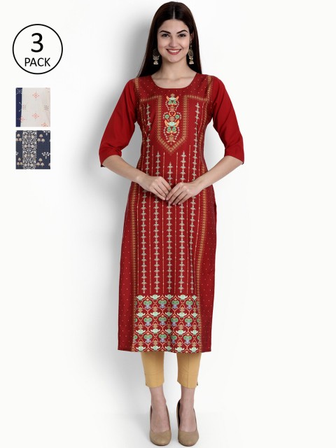 

Ethnic basket Women Pack Of 3 Ethnic Motifs Printed Block Print Crepe Kurta, Multi
