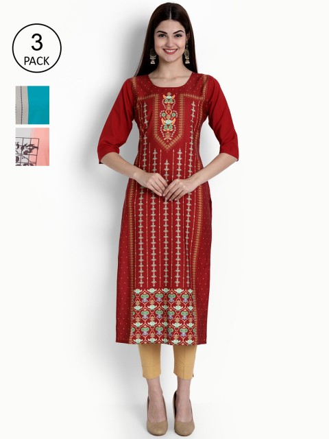 

Ethnic basket Women Pack of 3 Printed Crepe Kurtas, Maroon