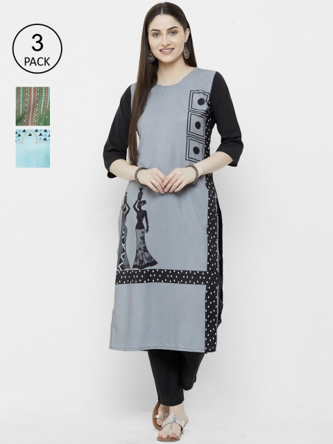 

Ethnic basket Women Pack Of 3 Kurtas, Turquoise blue