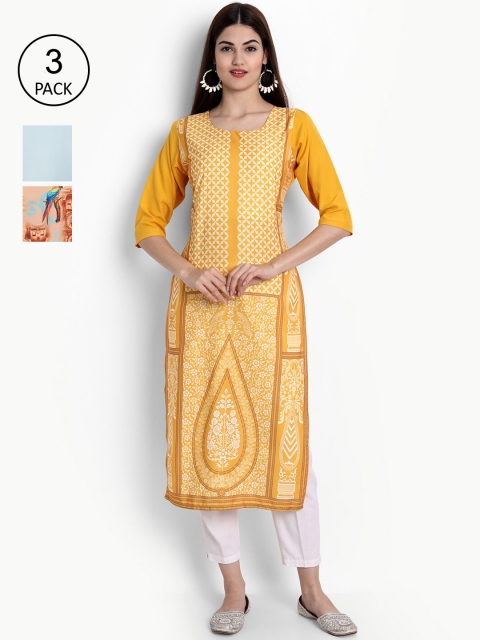 

Ethnic basket Women Pack Of 3 Ethnic Motifs Printed Crepe Kurtas, Yellow