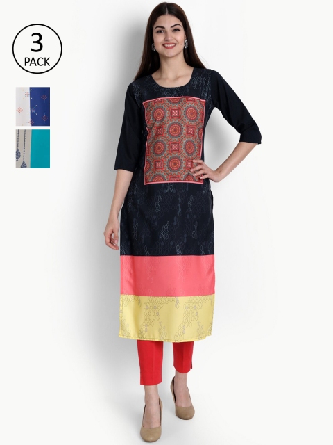 

Ethnic basket Women Pack Of 3 Ethnic Motifs Printed Block Print Crepe Kurta, Multi