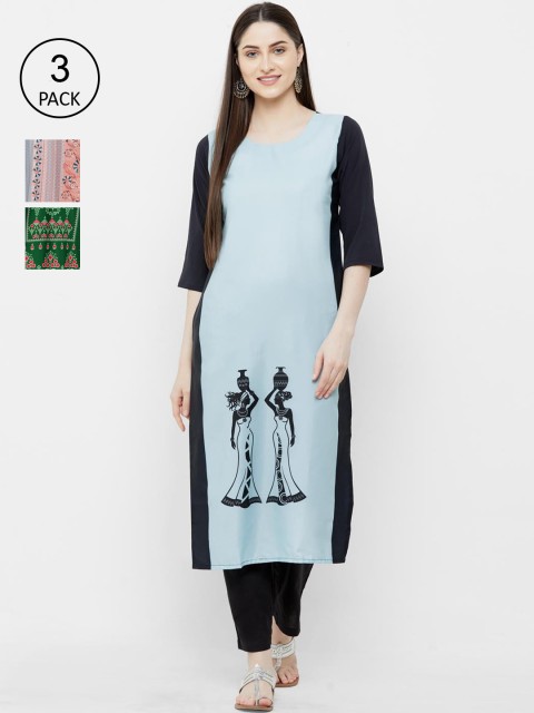 

Ethnic basket Women Pack of 3 Printed Crepe Kurtas, Blue