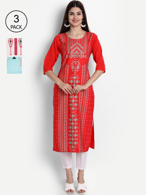 

Ethnic basket Women Pack of 3 Printed Block Print Crepe Kurtas, Red