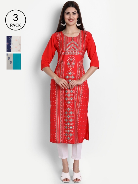 

Ethnic basket Women Pack of 3 Printed Block Print Crepe Kurtas, Red