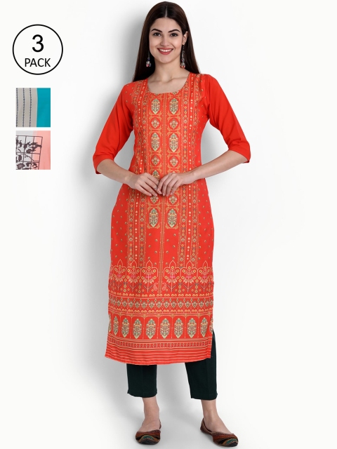 

Ethnic basket Women Pack of 3 Printed Kurtas, Orange