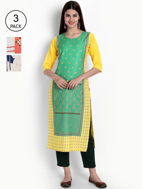 

Ethnic basket Women Pack Of 3 Ethnic Motifs Printed Block Print Crepe Kurta, Multi