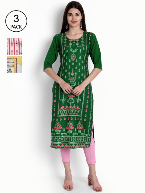 

Ethnic basket Women Pack of 3 Printed Crepe Kurtas, Yellow