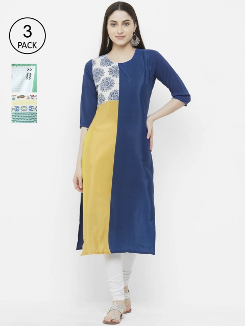 

Ethnic basket Women Pack of 3 Printed Block Print Crepe Kurtas, Blue