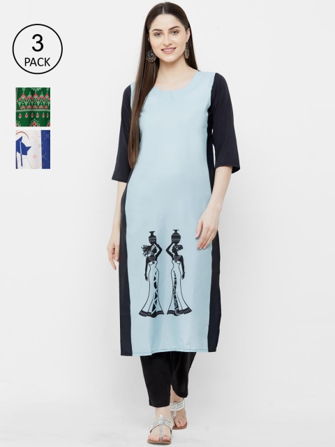 

Ethnic basket Women Pack Of 3 Ethnic Motifs Printed Block Print Crepe Kurta, Multi