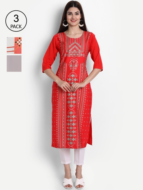 

Ethnic basket Women Pack of 3 Geometric Printed Crepe Kurta, Red