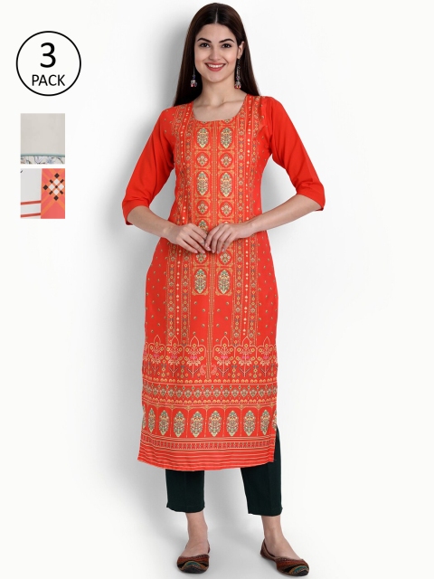 

Ethnic basket Women Pack of 3 Ethnic Motifs Printed Crepe Kurta, Orange