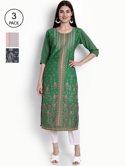 

Ethnic basket Women Pack Of 3 Kurtas, Green