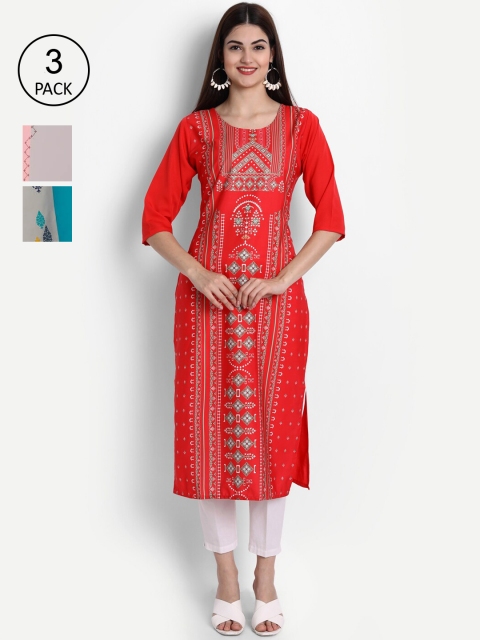 

Ethnic basket Women Pack of 3 Printed Crepe Kurtas, Red