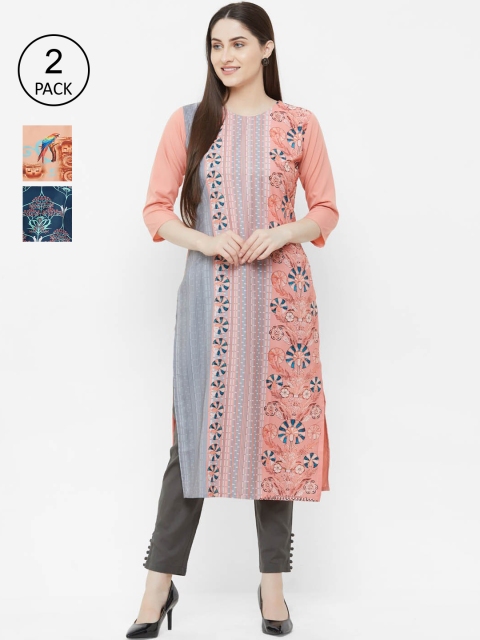 

Ethnic basket Women Pack of 3 Printed Block Print Crepe Kurtas, Peach