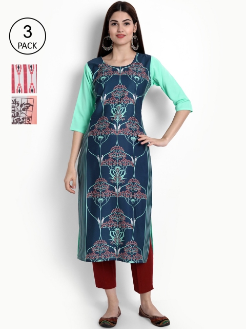 

Ethnic basket Women Pack of 3 Ethnic Motifs Printed Crepe Kurta, Blue