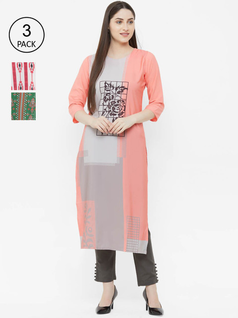 

Ethnic basket Women Pack of 3 Printed Block Print Crepe Kurtas, Pink
