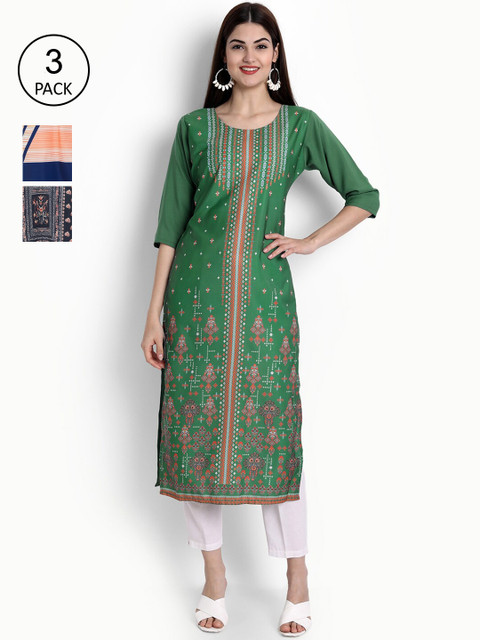 

Ethnic basket Women Pack of 3 Printed Block Print Crepe Kurtas, Green