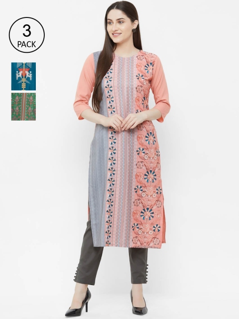 

Ethnic basket Women Pack of 3 Printed Crepe Kurtas, Peach