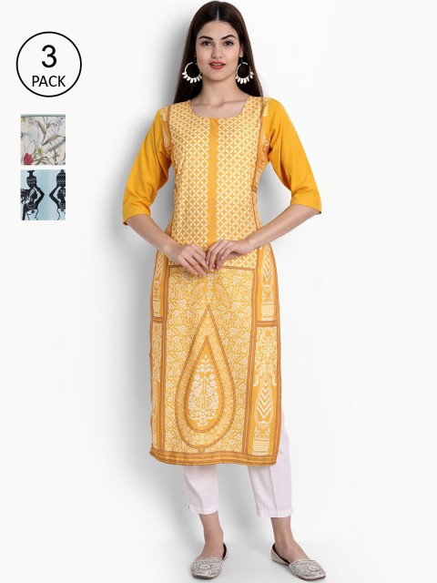 

Ethnic basket Women Pack Of 3 Kurtas, Yellow