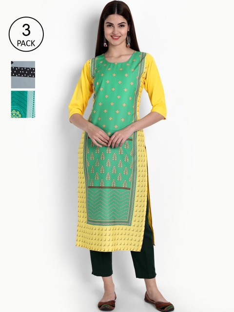 

Ethnic basket Women Pack of 3 Ethnic Motifs Printed Crepe Kurta, Green