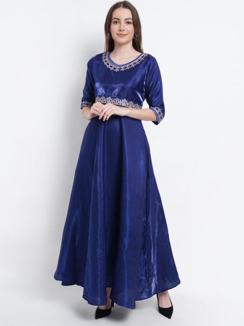 

Purple State Blue & Gold-Toned Solid Round Neck Satin Empire Maxi Dress