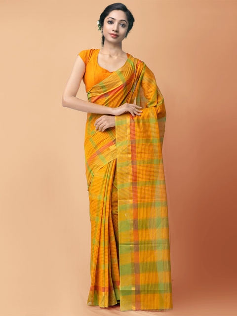 

Unnati Silks Yellow & Green Checked Zari Pure Cotton Mangalagiri Saree