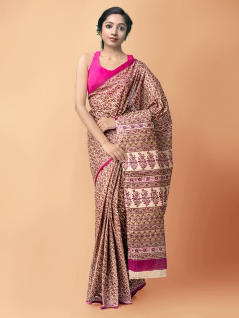 

Unnati Silks Brown & Pink Floral Pure Cotton Kota Saree