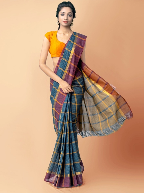 

Unnati Silks Green & Blue Checked Pure Cotton Mangalagiri Saree