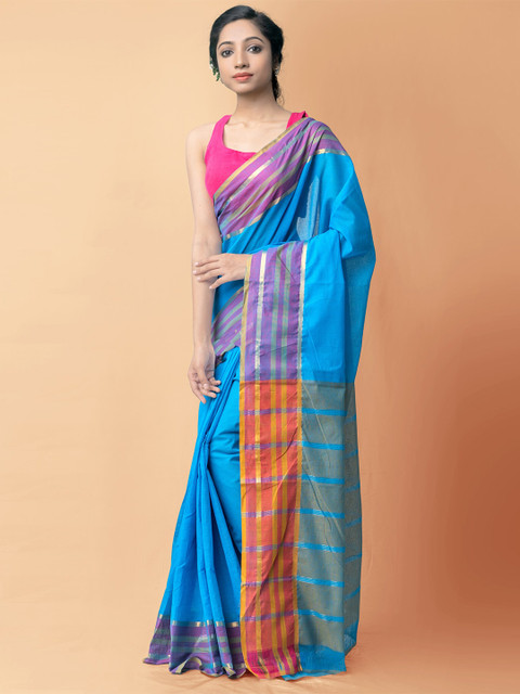 

Unnati Silks Blue & Purple Pure Cotton Handloom Sustainable Mangalagiri Saree