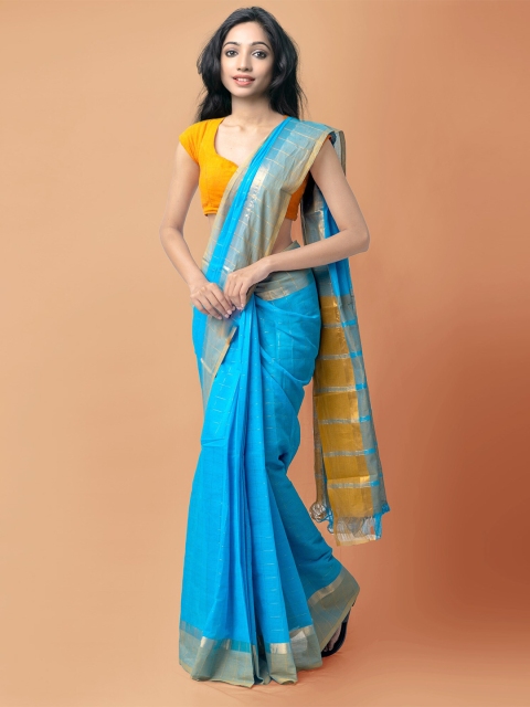 

Unnati Silks Blue & Yellow Checked Zari Pure Cotton Mangalagiri Saree