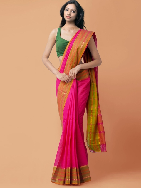 

Unnati Silks Pink & Gold-Toned Zari Pure Cotton Mangalagiri Saree