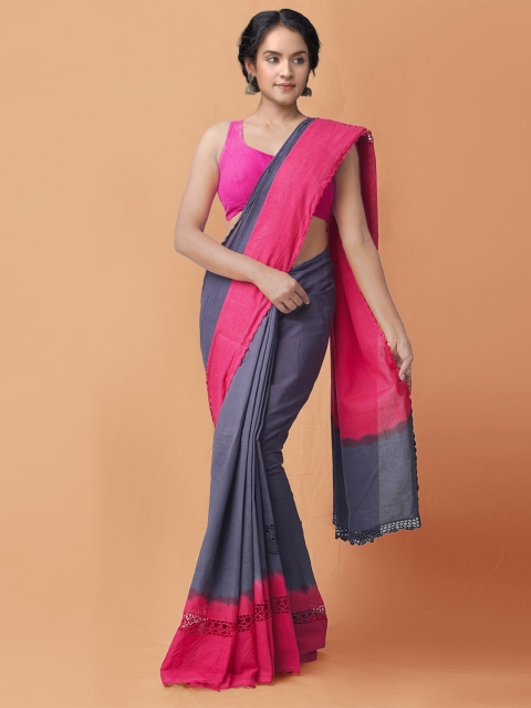 

Unnati Silks Grey & Pink Embroidered Pure Cotton Block Print Saree