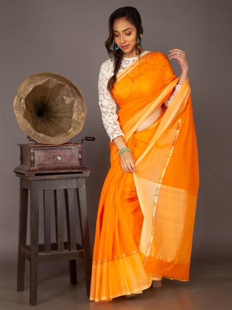 

Unnati Silks Orange Zari Pure Cotton Handloom Sustainable Pavani Mangalagiri Saree