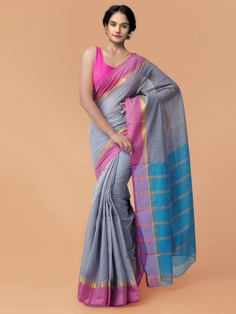

Unnati Silks Grey & Purple Checked Zari Pure Cotton Mangalagiri Saree