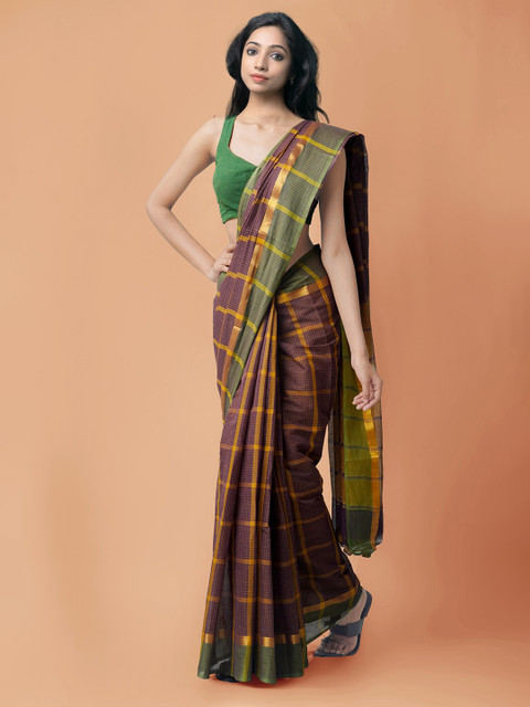 

Unnati Silks Brown & Green Checked Zari Pure Cotton Mangalagiri Saree