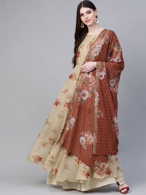 

Ahalyaa Women Brown Floral Printed Flared Sleeves Gotta Patti Anarkali Kurta