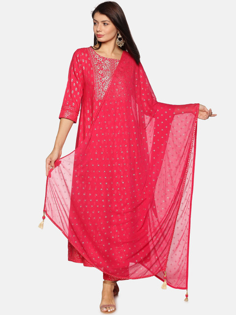 

Palakh Women Pink Ethnic Motifs Printed Thread Work Kurta with Trousers & Dupatta