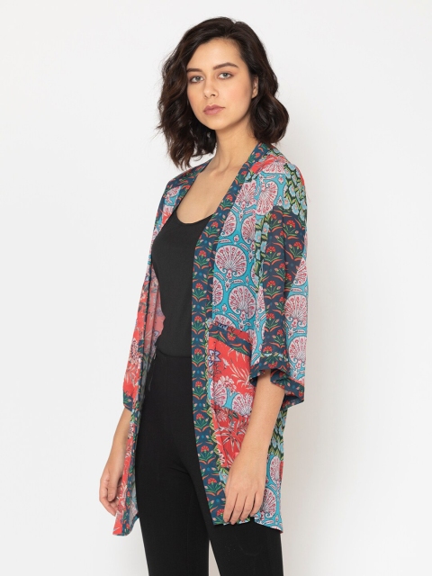 

SHAYE Women Grey & Pink Printed Longline Shrug