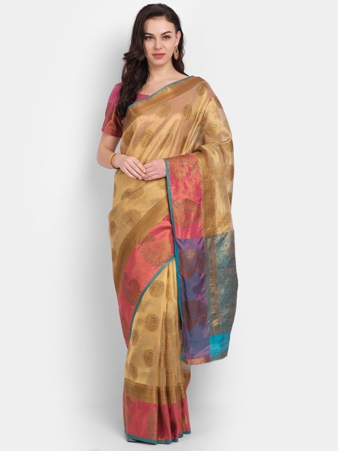 

PERFECTBLUE Gold-Toned & Pink Woven Design Zari Silk Blend Saree