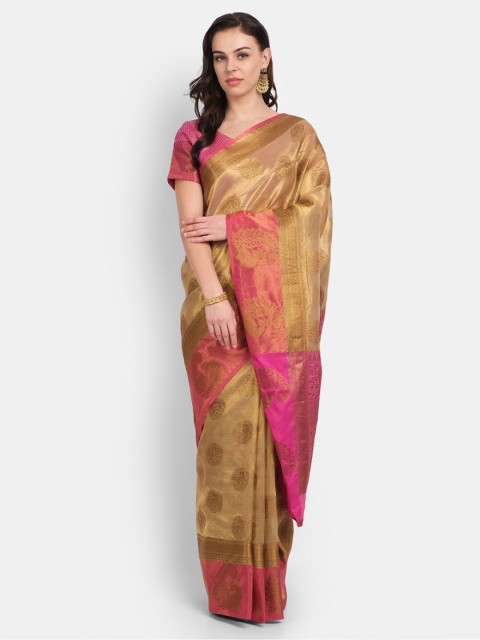 

PERFECTBLUE Gold-Toned & Pink Ethnic Motifs Embellished Woven Design Saree