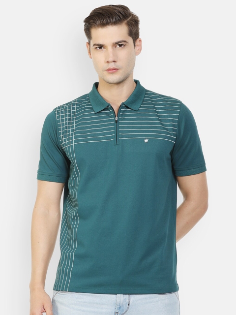 

Louis Philippe Men Green Striped Polo Collar Applique T-shirt
