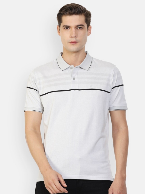 

Louis Philippe Men Grey Striped Polo Collar Pockets T-shirt