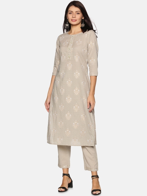 

Palakh Women Grey Floral Printed Pure Cotton Kurta with Trousers