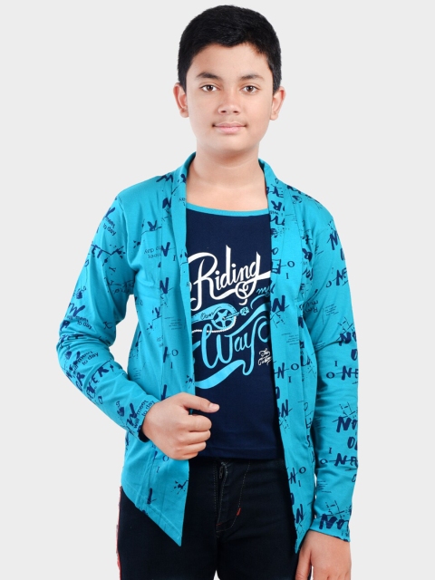 

Fabshio Boys Turquoise Blue Printed T-shirt with Shrug