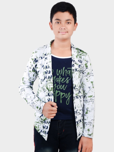 

Fabshio Boys White & Green Printed T-shirt with Shrug