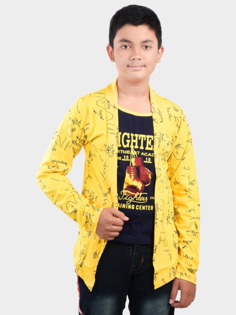 

Fabshio Boys Yellow & Black Printed T-shirt with Attached Shrug