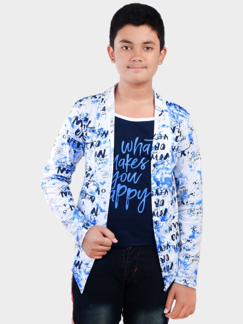 

Fabshio Boys White & Blue Typography Printed T-shirt with Attached Shrug