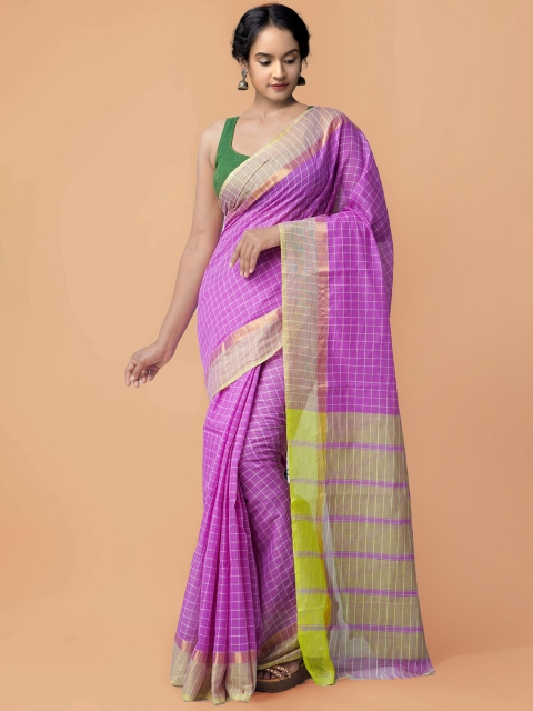 

Unnati Silks Violet & Tan Checked Pure Cotton Mangalagiri Saree