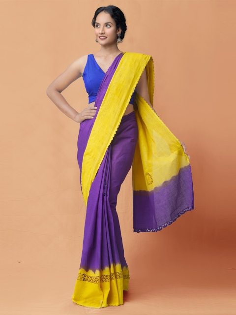 

Unnati Silks Violet & Yellow Pure Handloom Sustainable Mulmul Cotton Block Print Saree